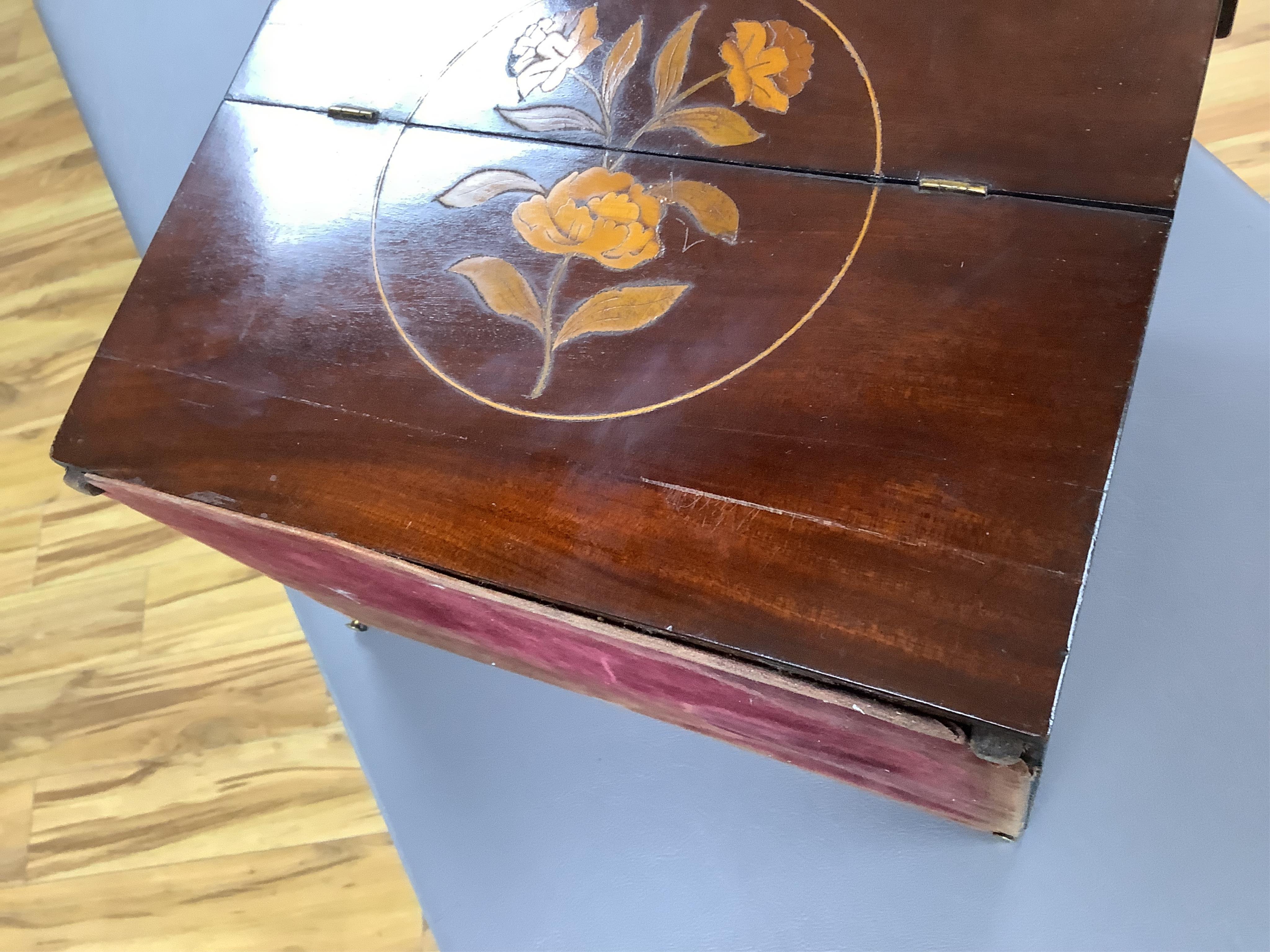 A 19th century Dutch, dome fronted, marquetry mahogany decanter box, velvet lined, 28cm wide